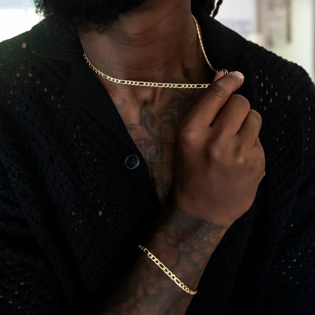Figaro Link Chain + Bracelet Bundle in Yellow Gold- 4mm