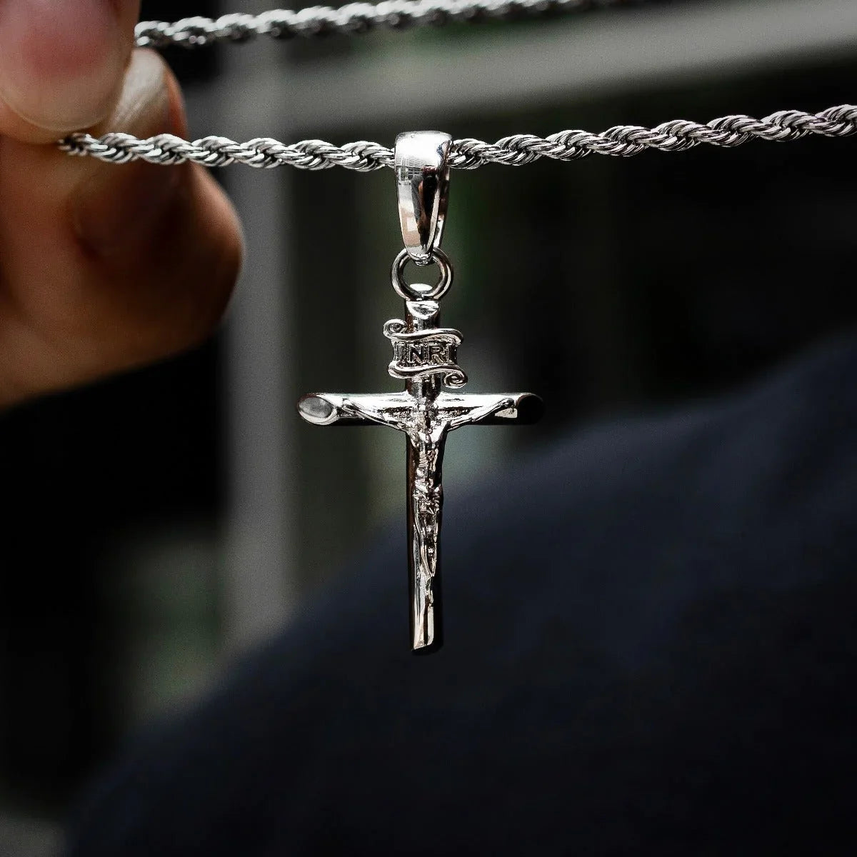 Crucifix Pendant + 2MM Rope Chain Bundle in White Gold
