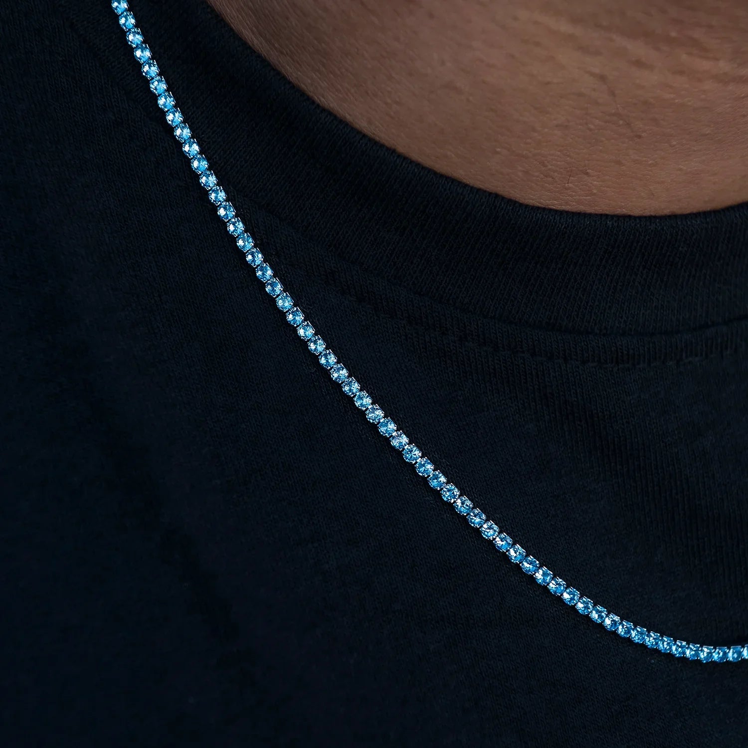 Blue Topaz Diamond Micro Tennis Chain in White Gold