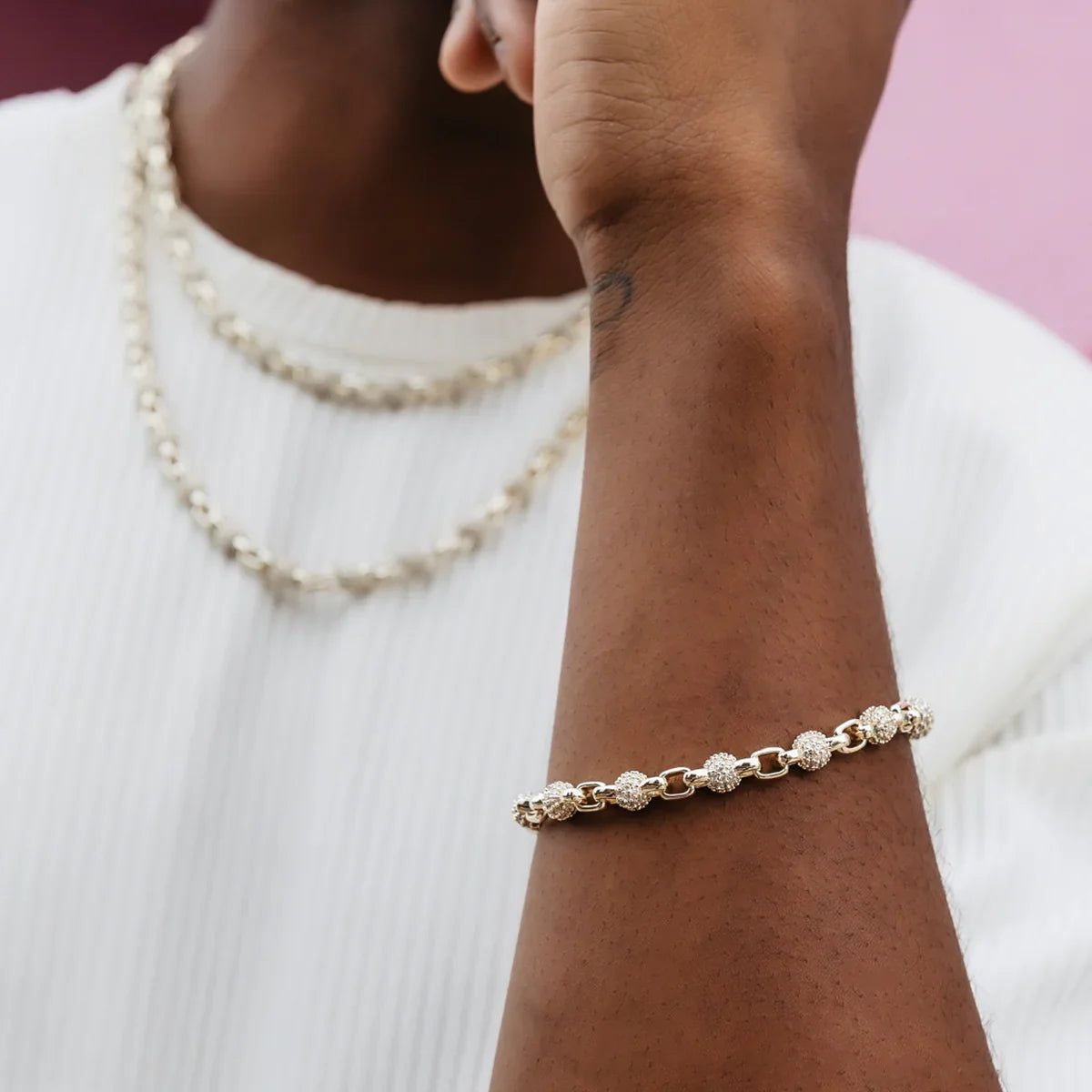 Iced Ball Box Link Chain + Bracelet Bundle in Yellow Gold