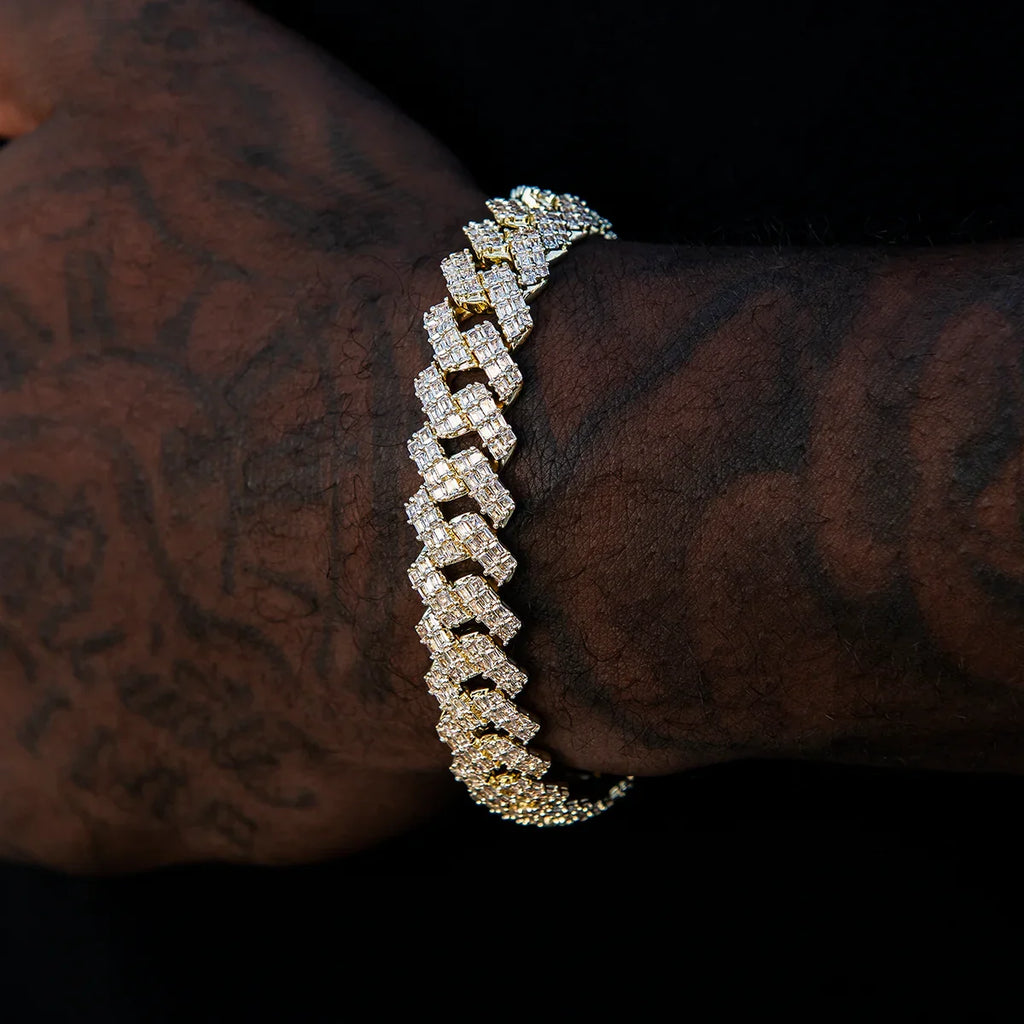 12MM Prong Baguette Cuban Bracelet - Gold