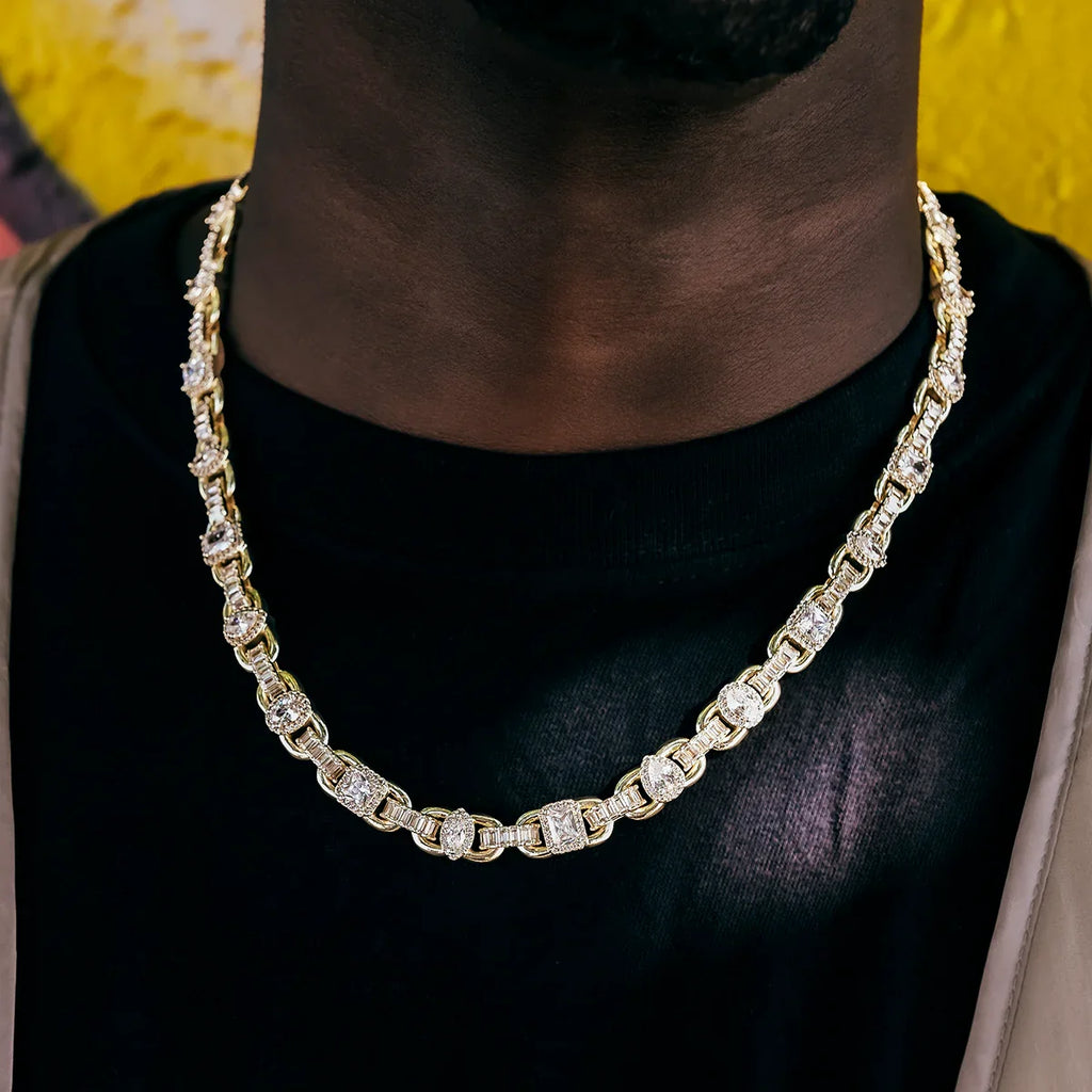 Round Stone Star Tennis Chain + Diamond Cluster Mariner Chain Bundle in Yellow Gold