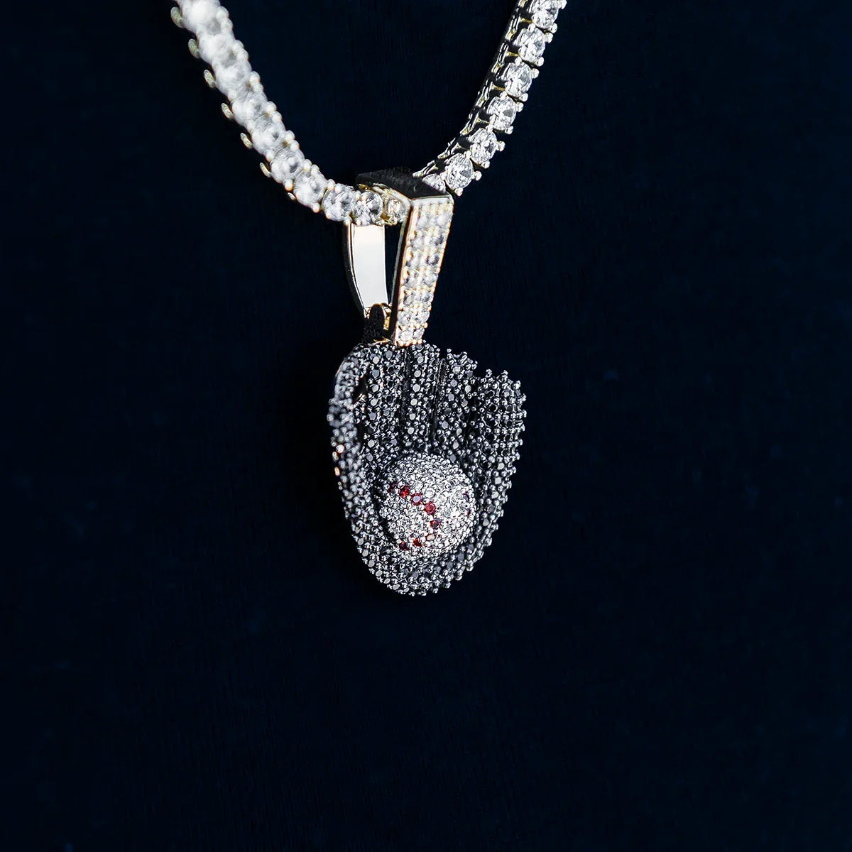 Iced Black Baseball Pendant in Yellow Gold