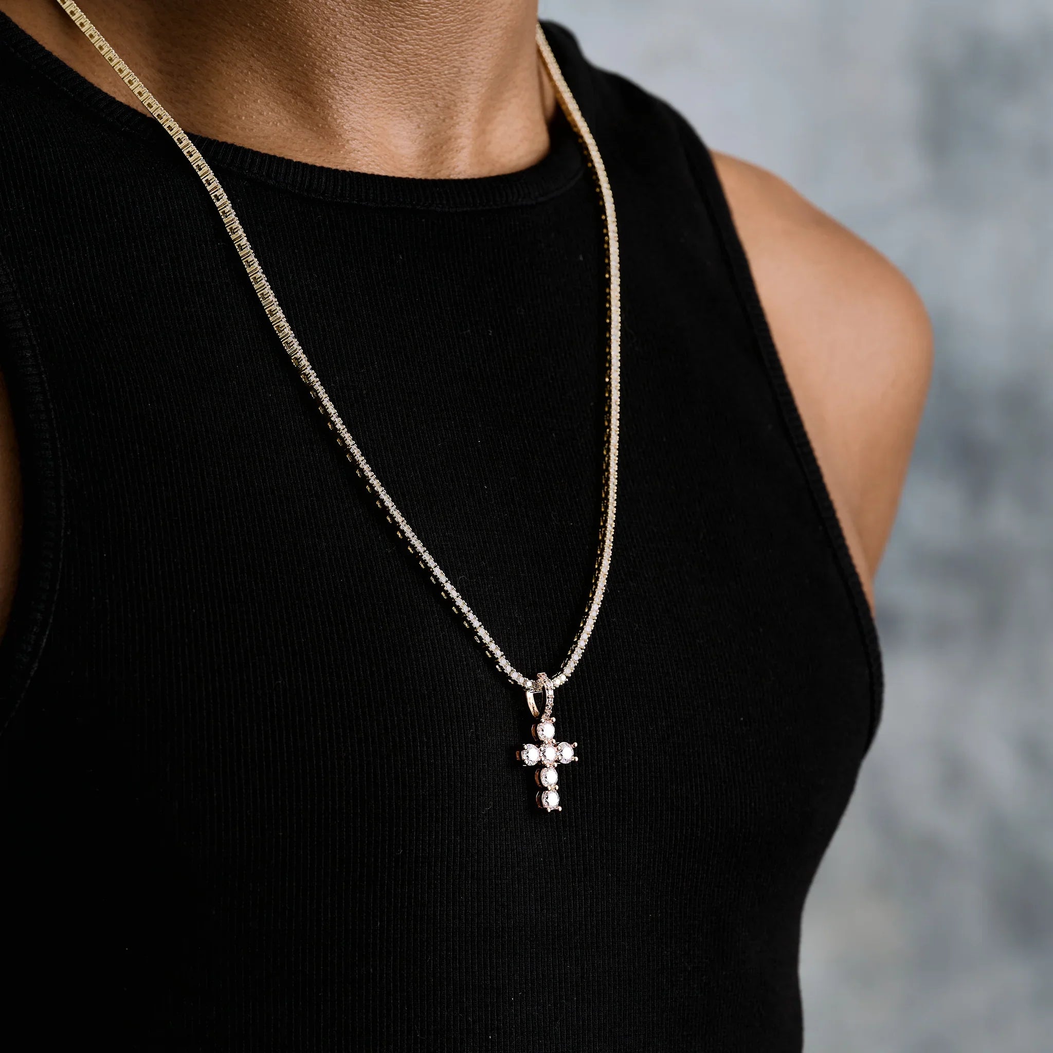 Micro Iced Round Cross Pendant in Rose Gold