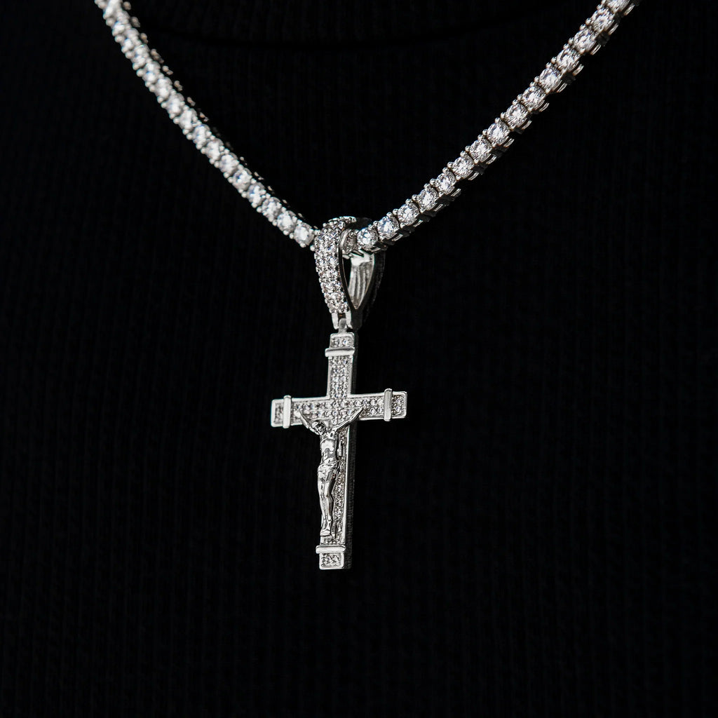 Iced Flat Crucifix Cross Pendant in White Gold