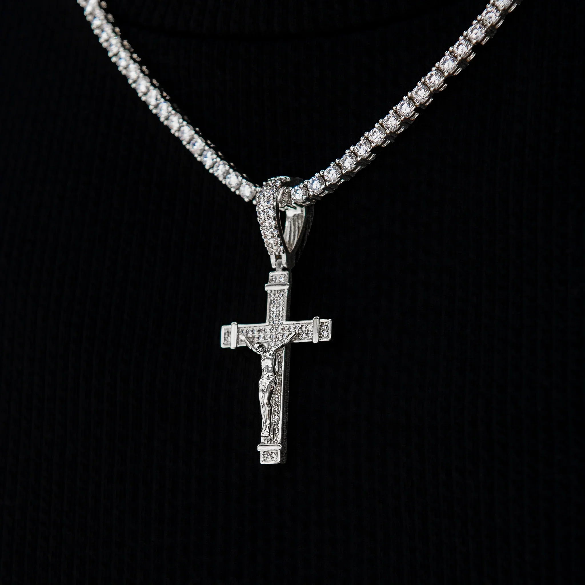 Iced Flat Crucifix Cross Pendant in White Gold