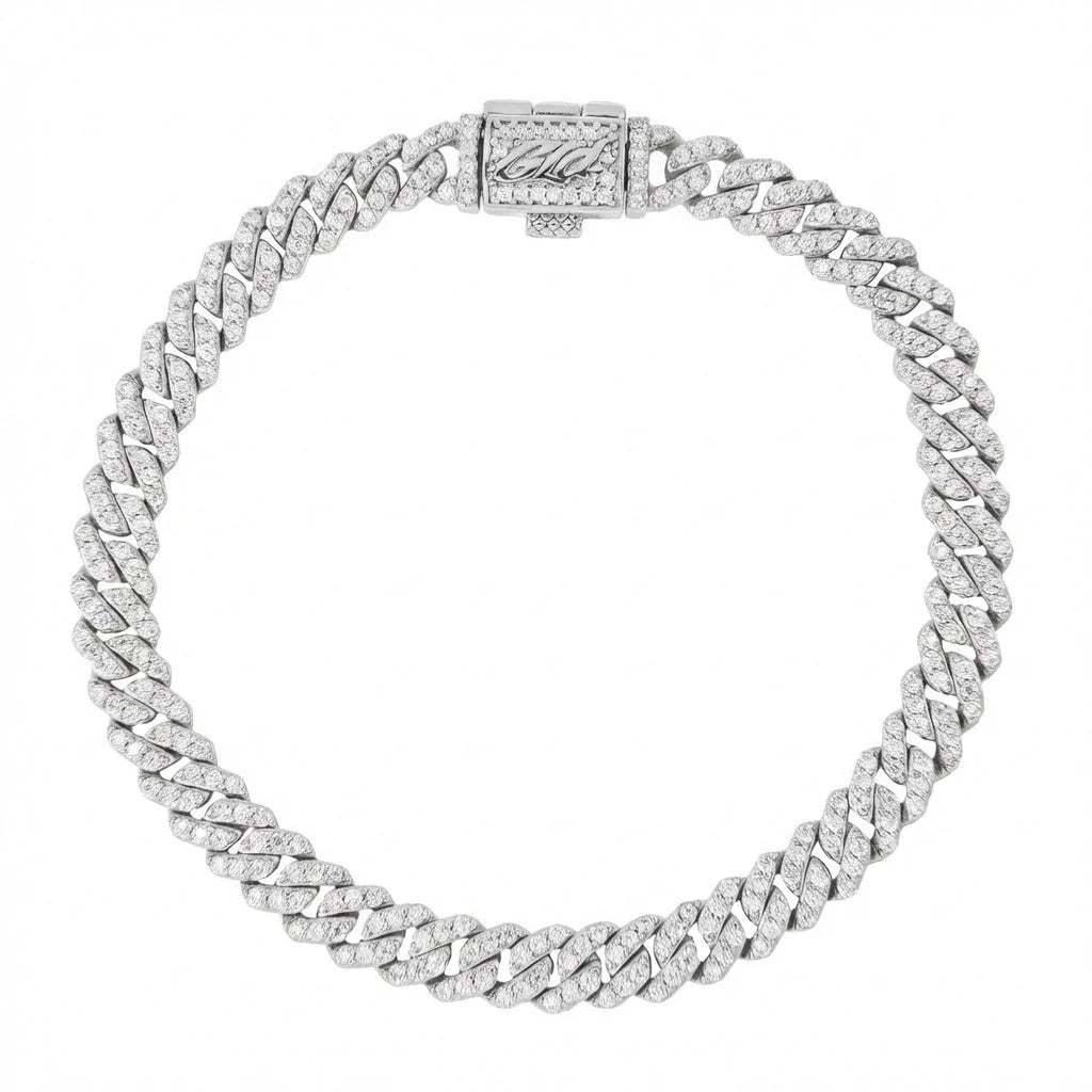 Micro Diamond Prong Moissanite Cuban Bracelet in Sterling Silver - 6MM