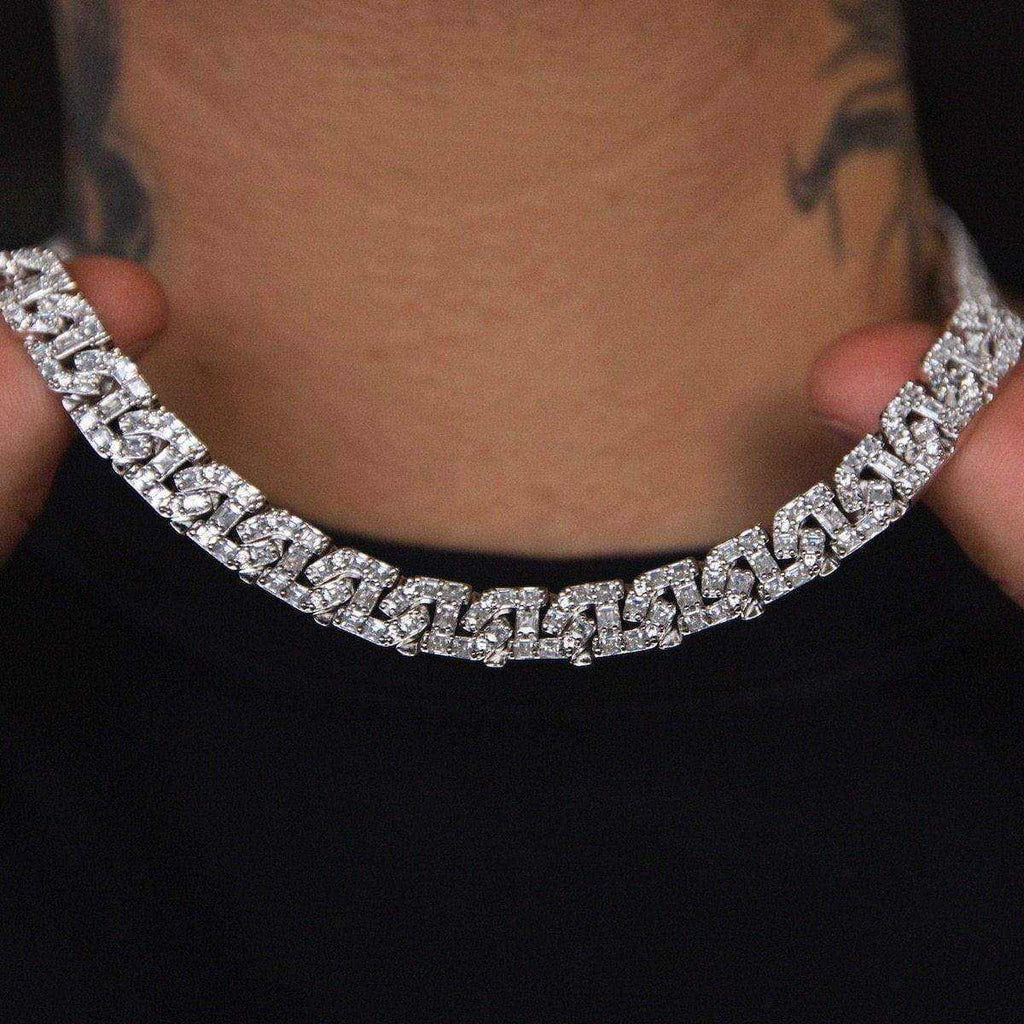 Baguette Chain Link Necklace in White Gold- 8mm