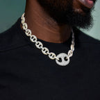 Iced Two Tone Large Link Puffed Mariner Necklace in Yellow & White Gold - 15mm