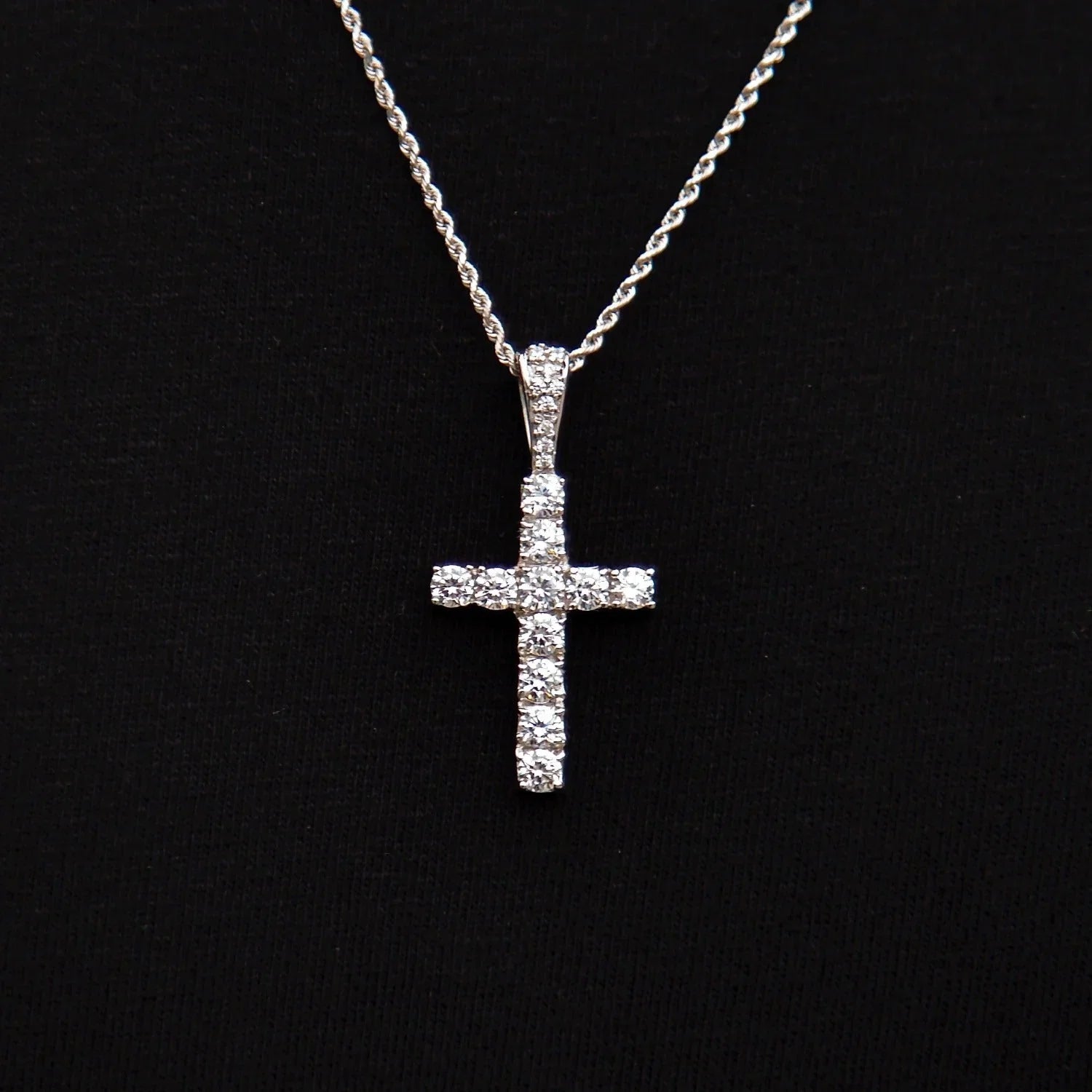 Micro Diamond Cross Pendant + 2MM Rope Chain Bundle in White Gold
