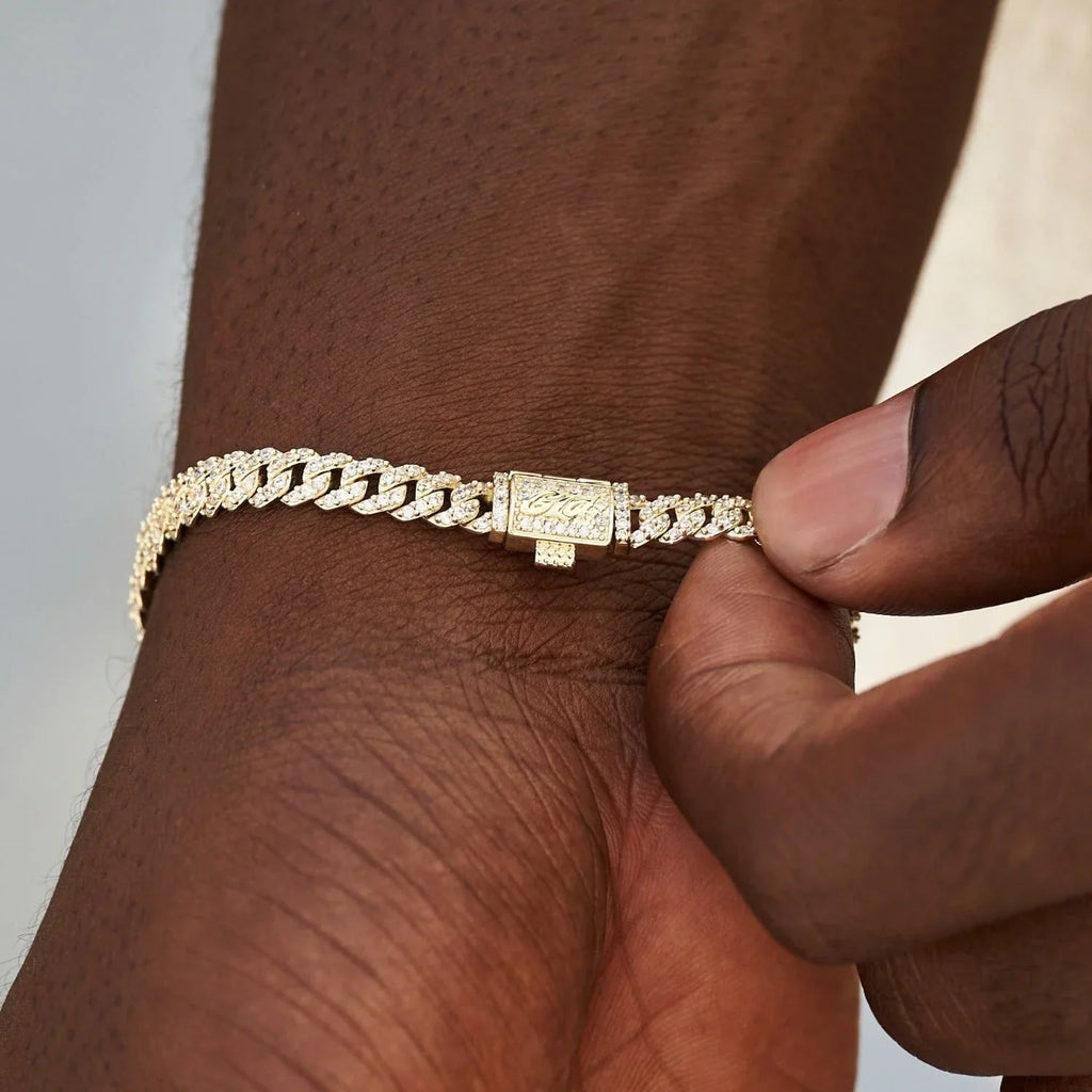 Men's 6MM Micro Diamond Prong Moissanite Cuban Bracelet in Yellow Gold Vermeil