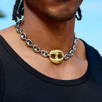 Two Tone Large Link Puffed Mariner Chain Necklace in White & Yellow Gold - 15mm