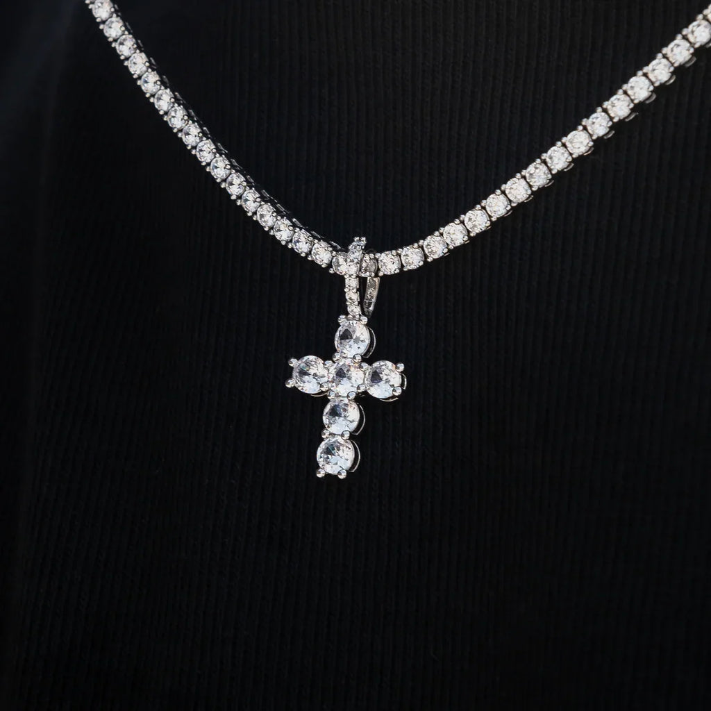 Iced Micro Round Cross Pendant in White Gold