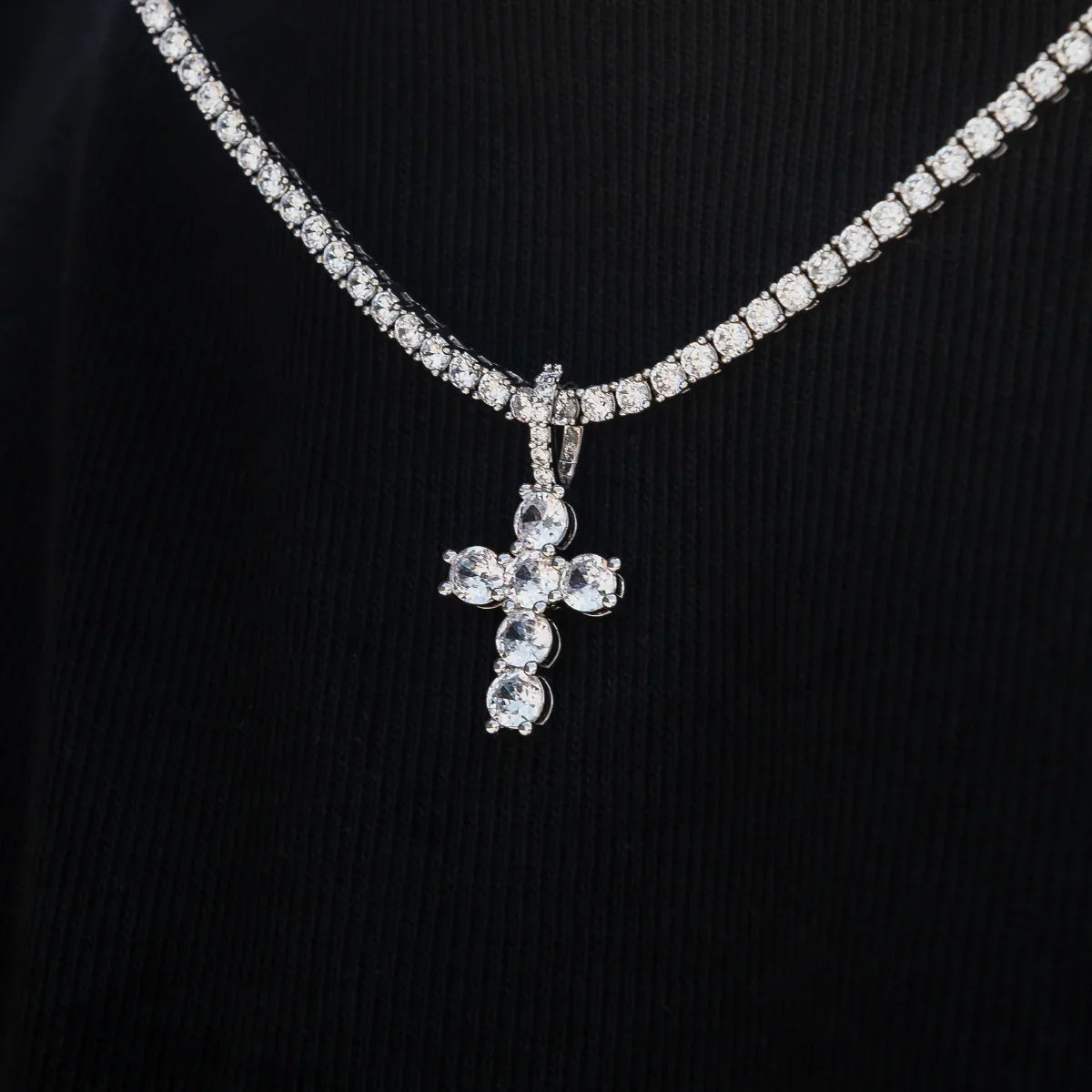 Iced Micro Round Cross Pendant in White Gold