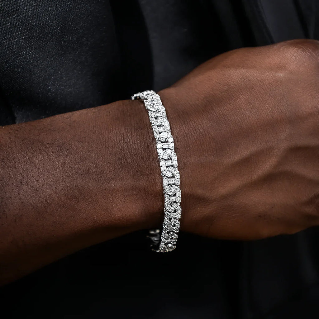 Baguette Chain Link Necklace + Bracelet in White Gold- 8mm
