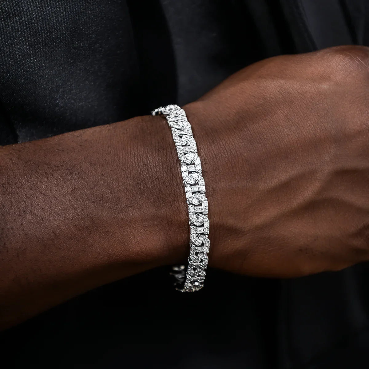 Baguette Chain Link Necklace + Bracelet in White Gold- 8mm