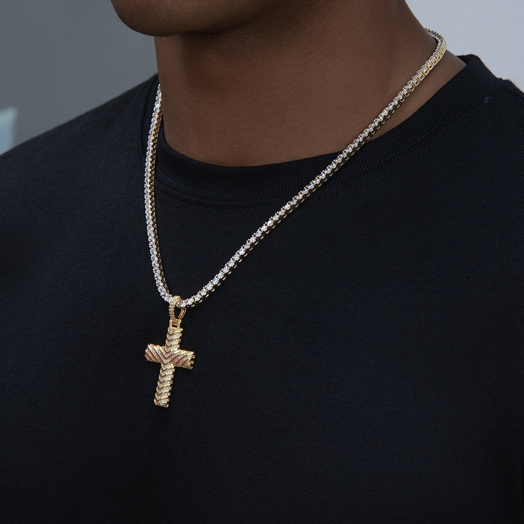Iced Arrow Cross Pendant in Yellow Gold