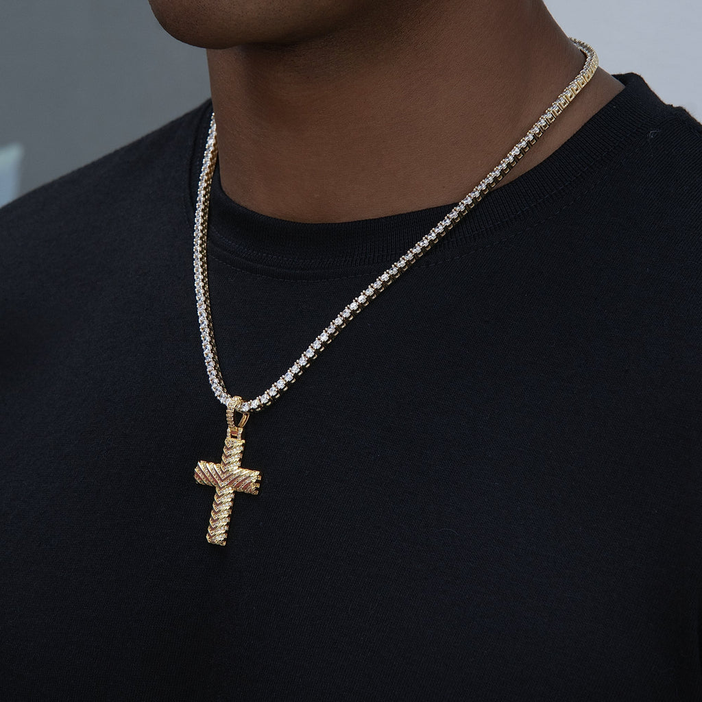 Iced Arrow Cross Pendant in Yellow Gold