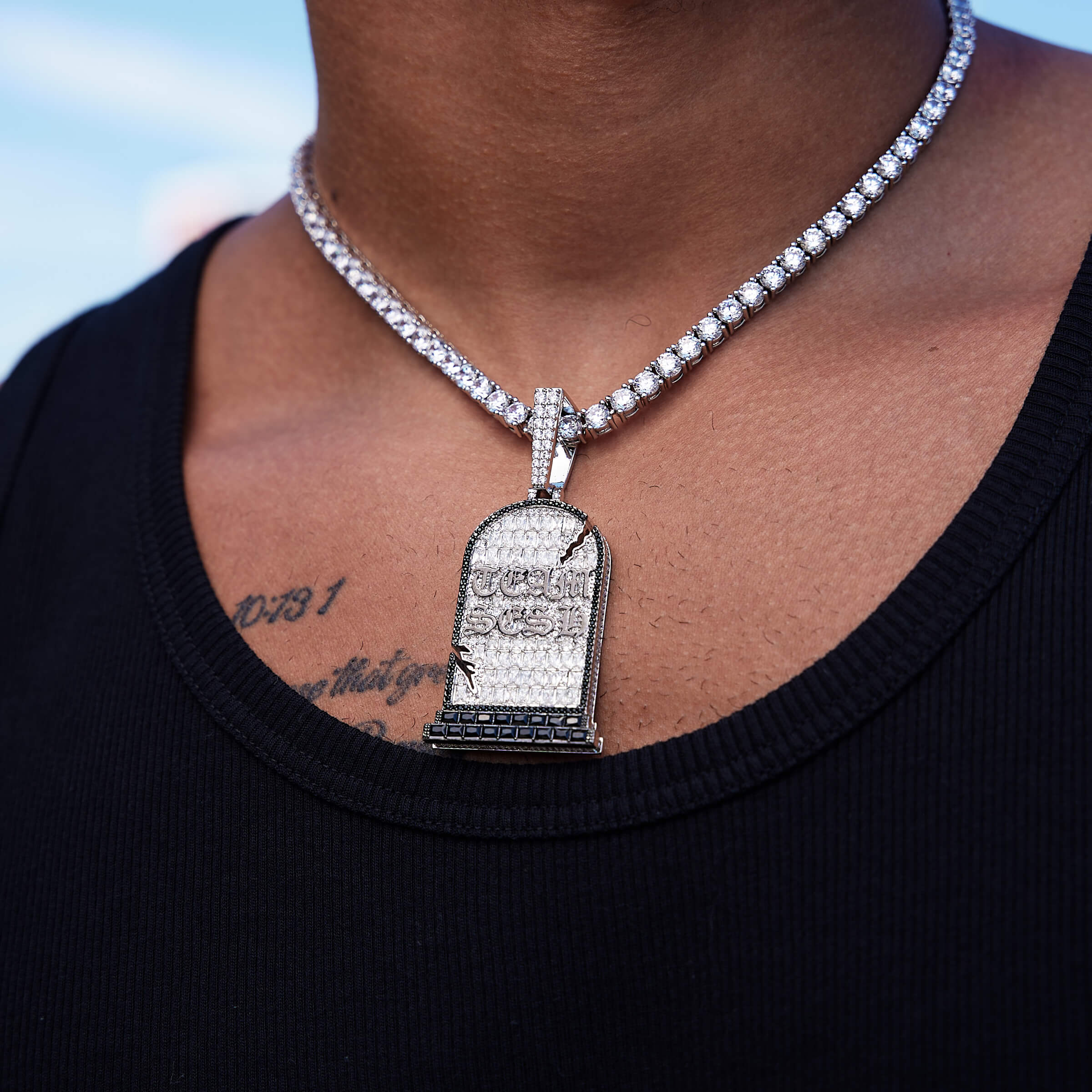 GLD X Sesh Bones Iced Grave Pendant in White Gold