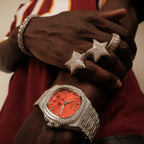 39MM Visionary Fully Iced Case & Orange Dial Watch - White Gold