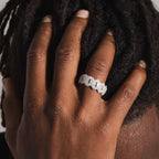 Men's Moissanite Diamond Prong Cuban Ring in White Gold Vermeil