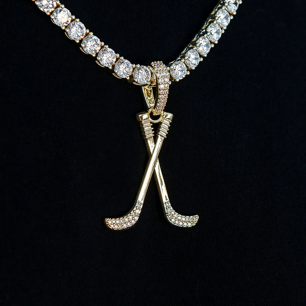 Iced Hockey Sticks Pendant in Yellow Gold
