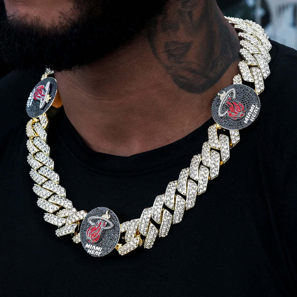 Miami Heat Official NBA Diamond Prong Cuban Chain in Yellow Gold- 25mm