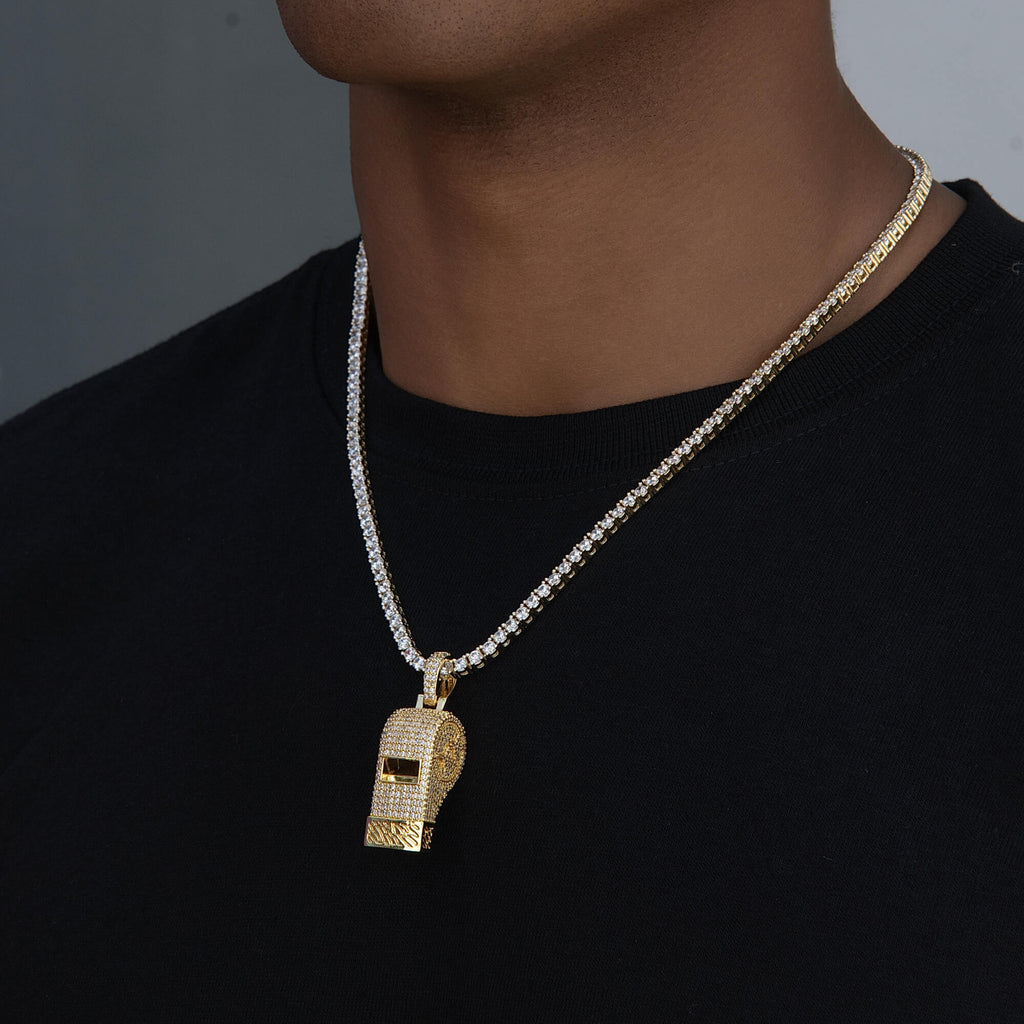 Iced Functioning Coaches Whistle Pendant in Yellow Gold