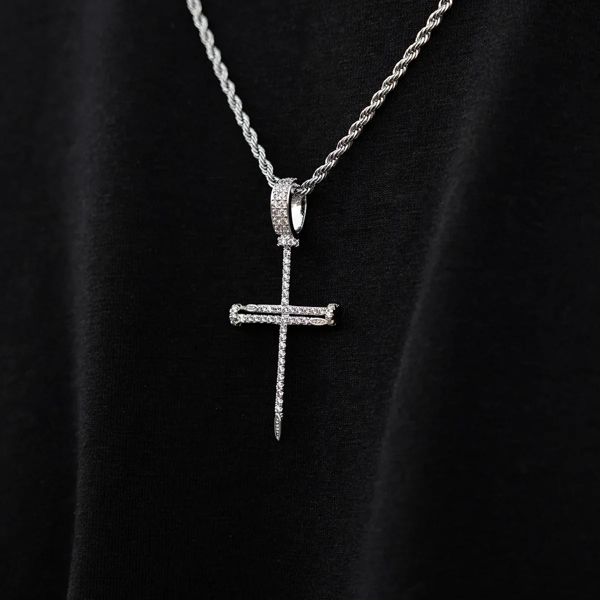 Iced Nail Cross Pendant in White Gold