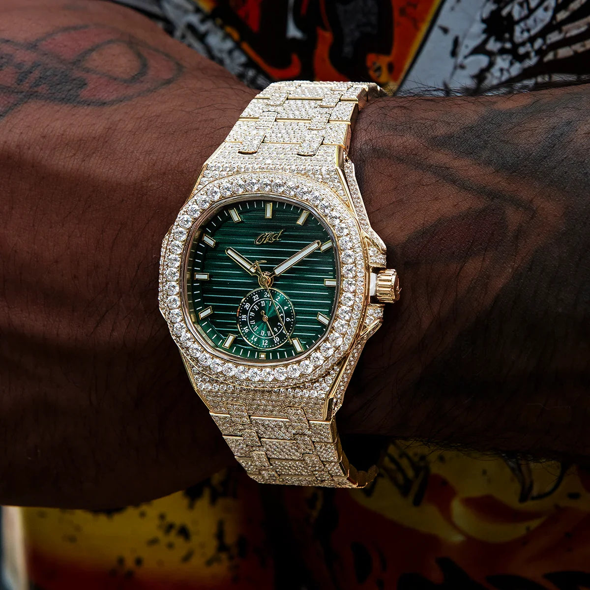 39MM Visionary Fully Iced Case & Green Dial Watch - Yellow Gold