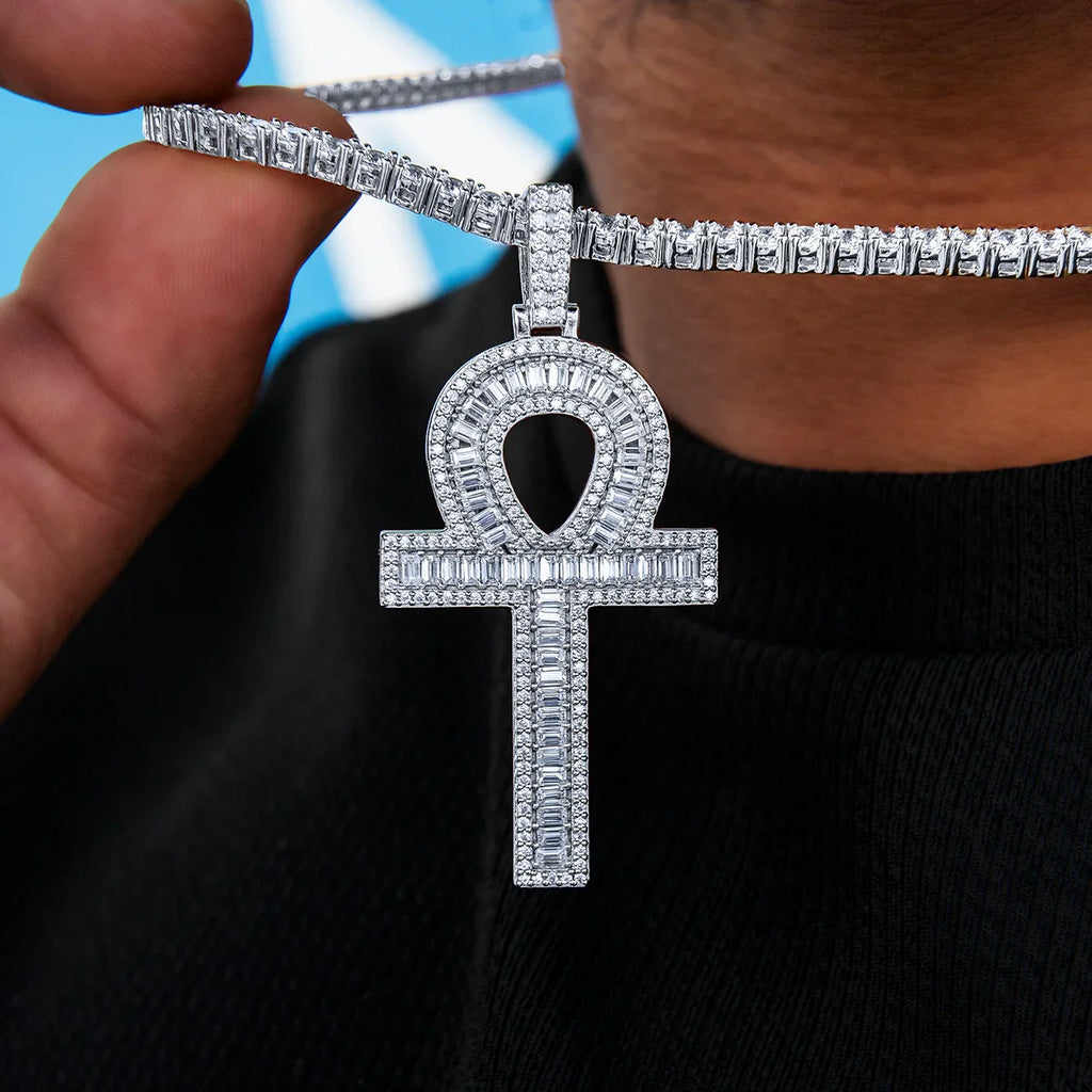Moissanite Ankh Cross Pendant in Sterling Silver