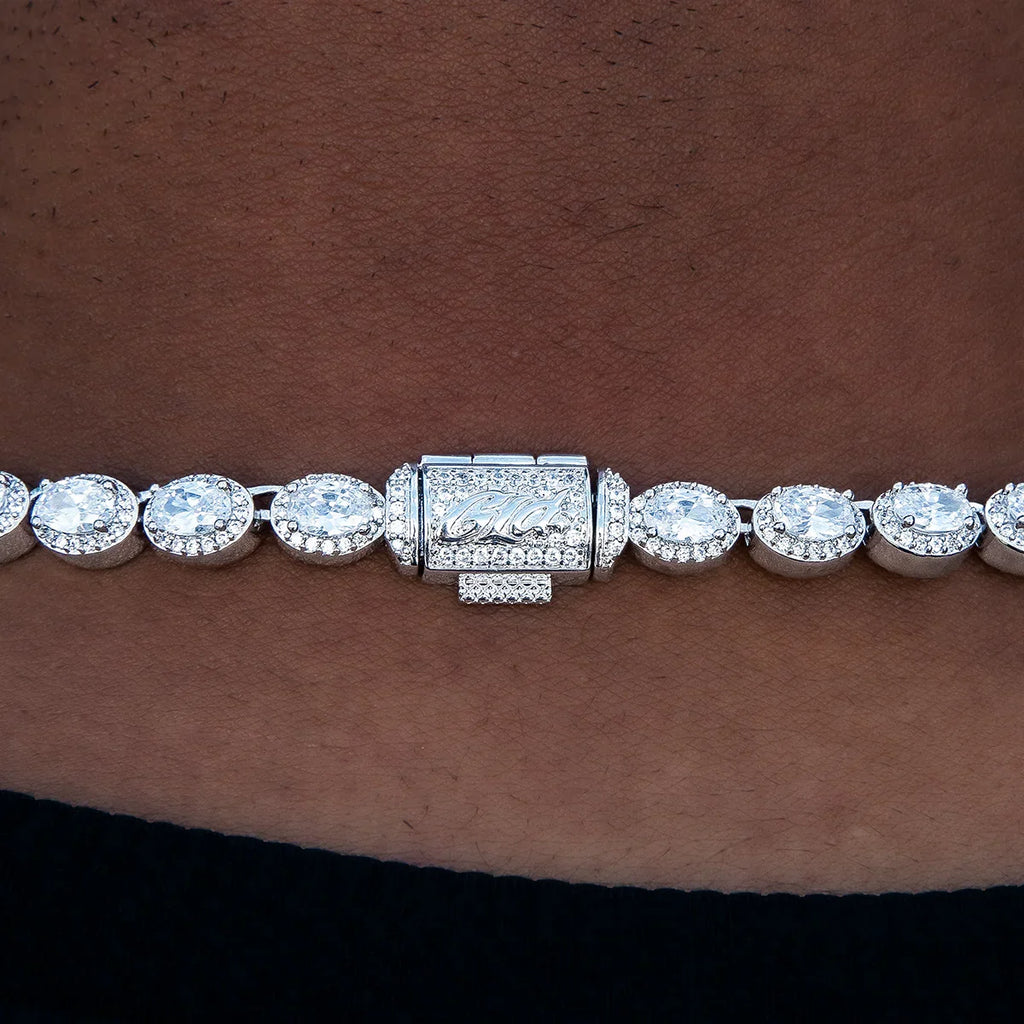 Diamond Oval Clustered Tennis Chain + Bracelet Bundle in White Gold- 4mm