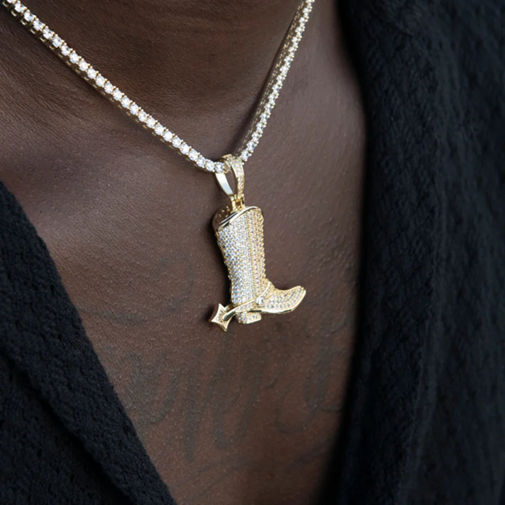 Iced Cowboy Boot Pendant in Yellow Gold