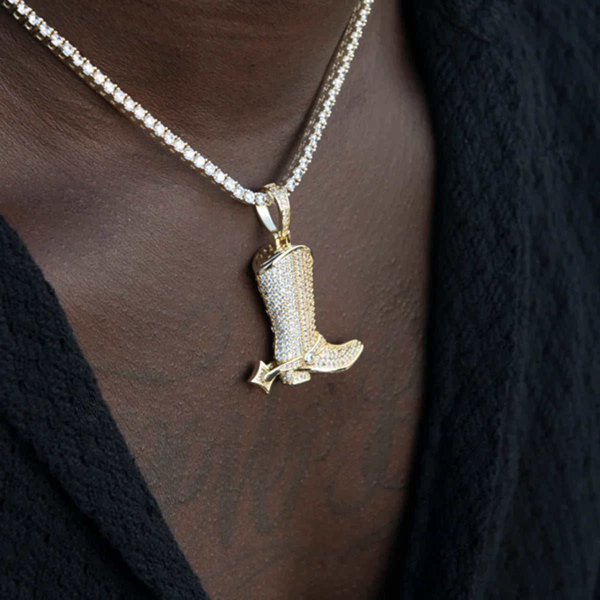 Iced Cowboy Boot Pendant in Yellow Gold