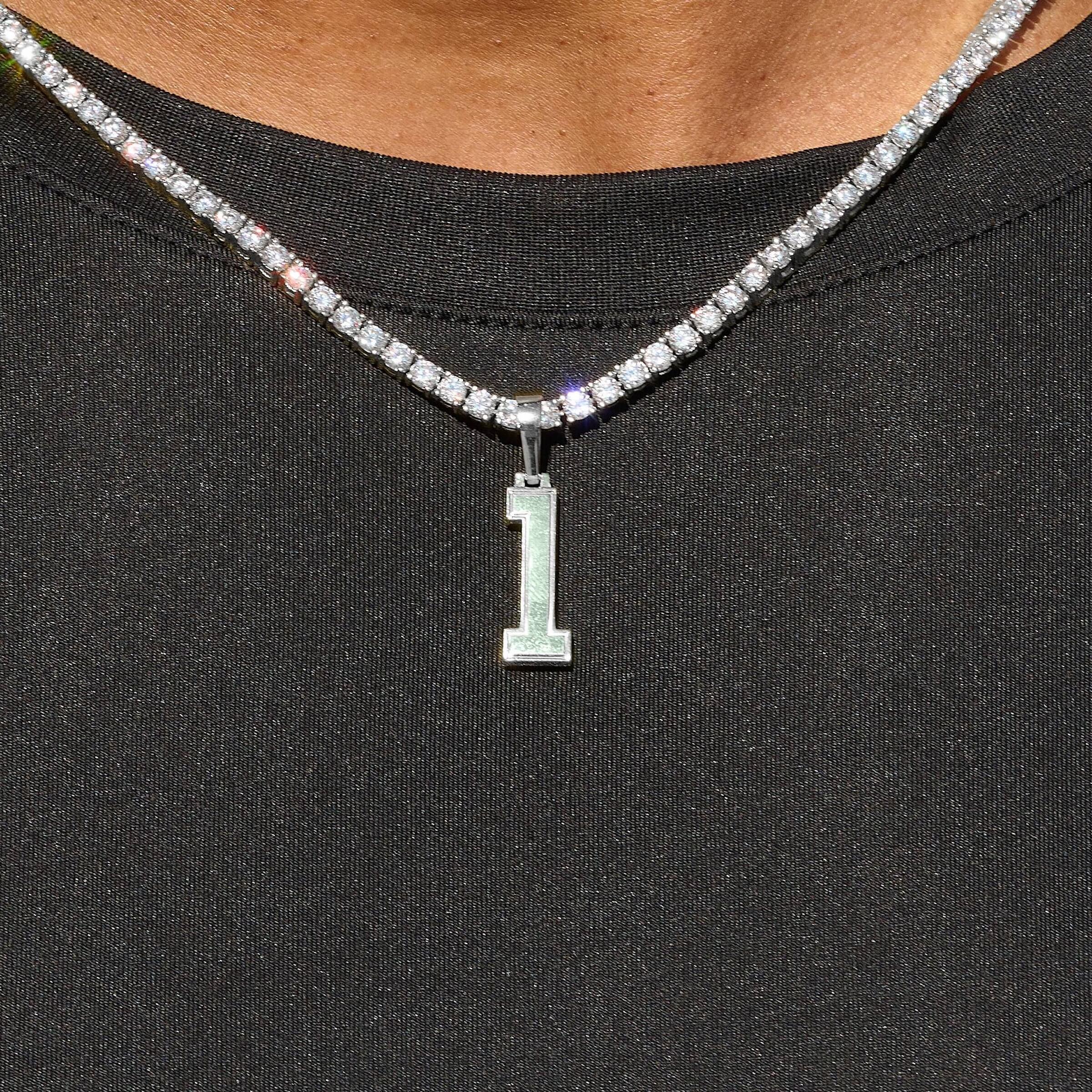 Micro Block Number Pendant in White Gold