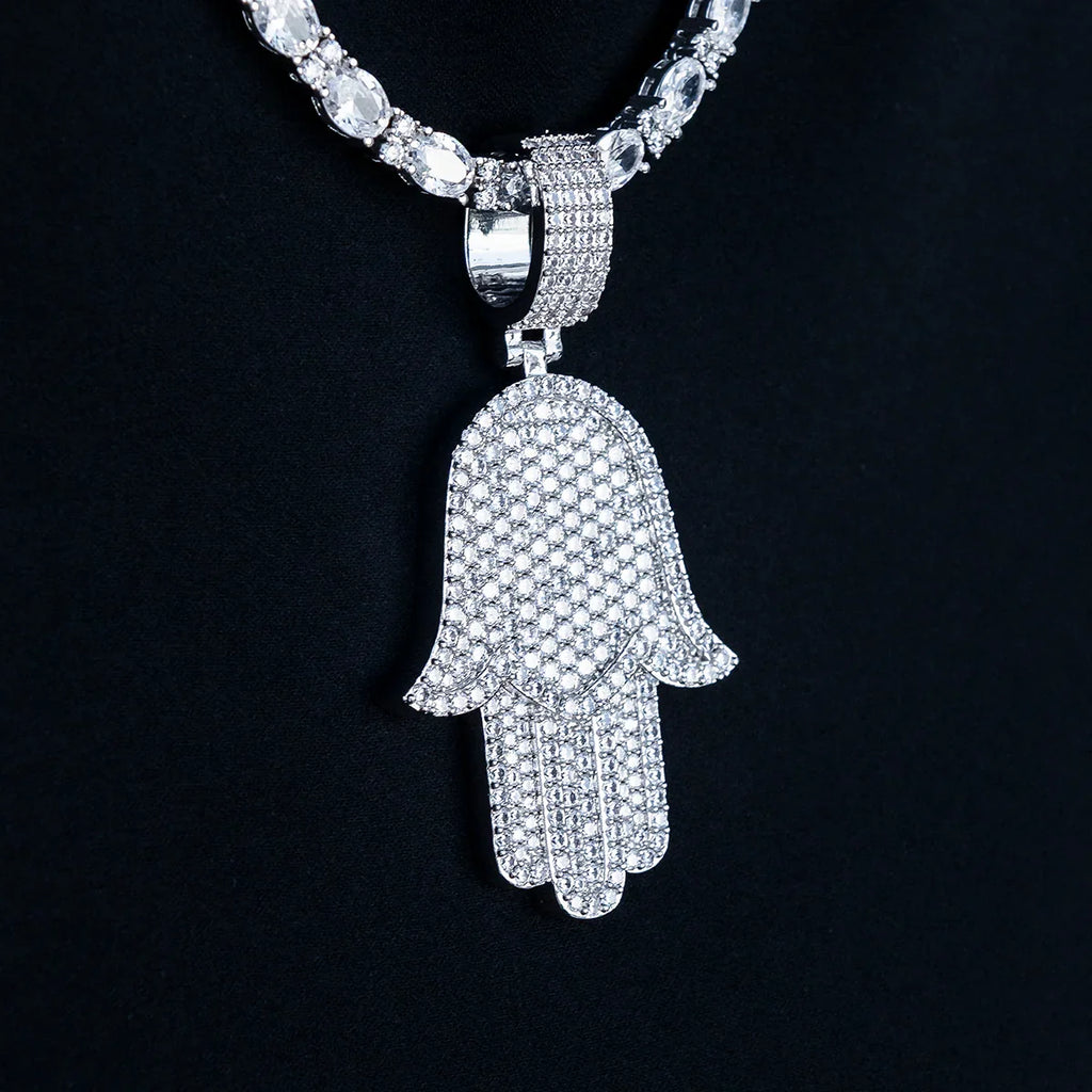 Large Iced Baguette Hamsa Pendant in White Gold