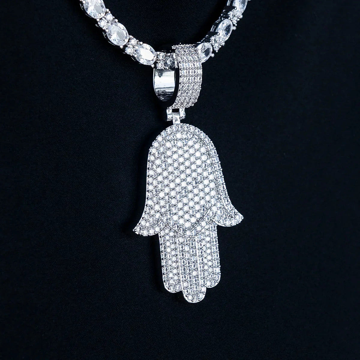 Large Iced Baguette Hamsa Pendant in White Gold