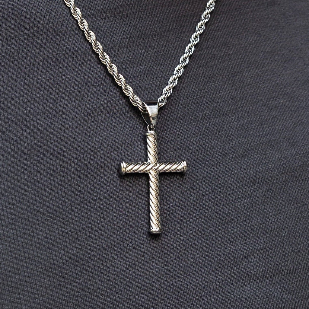 Twisted Rope Cross Pendant + 2MM Rope Chain Bundle in White Gold