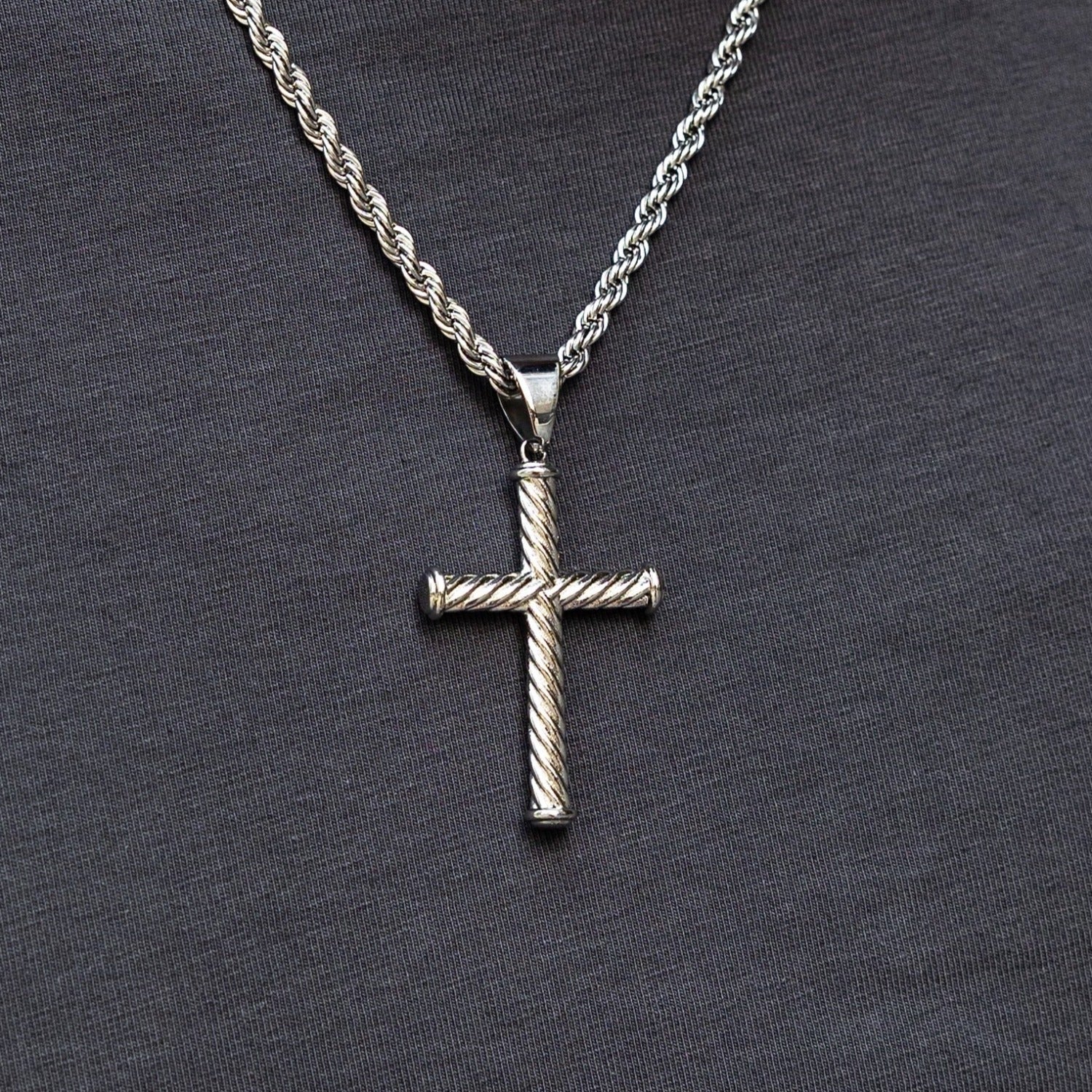 Twisted Rope Cross Pendant + 2MM Rope Chain Bundle in White Gold
