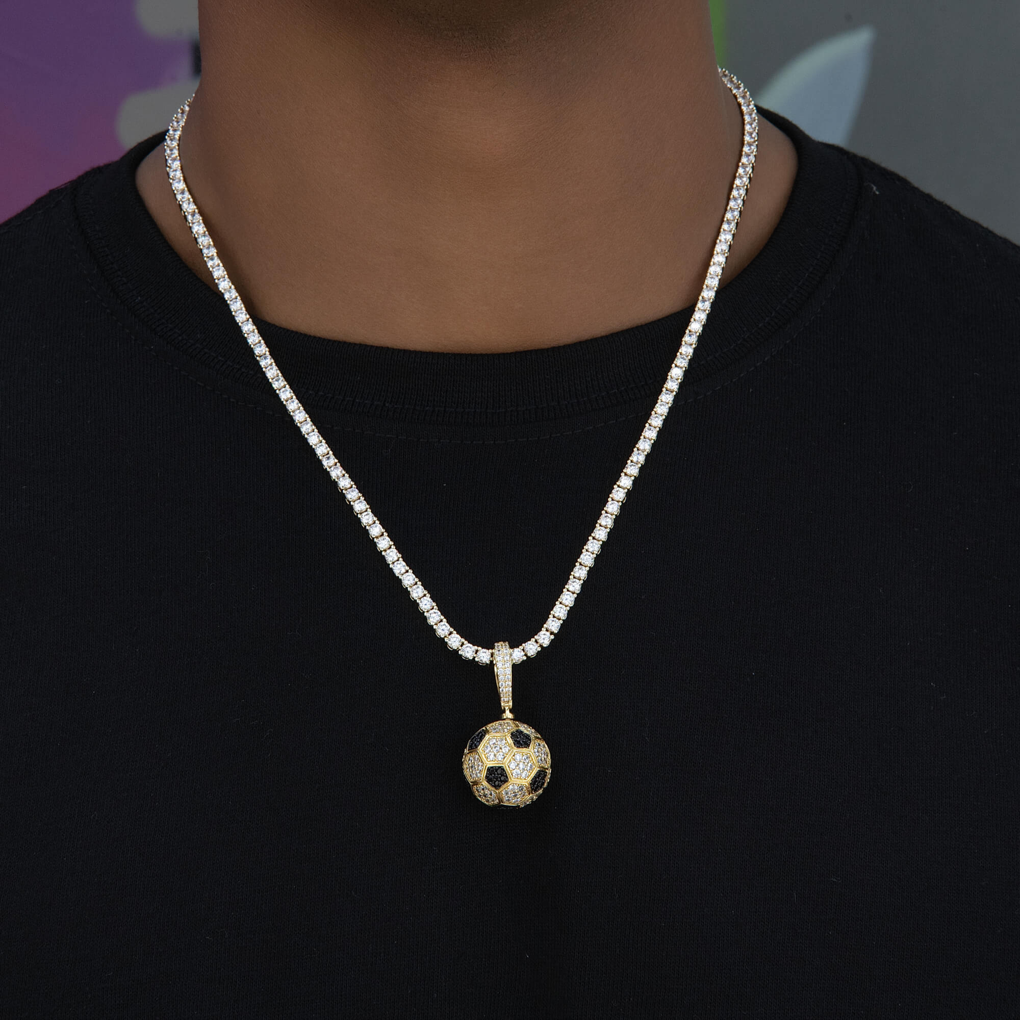 Iced Soccer Ball Pendant in Yellow Gold