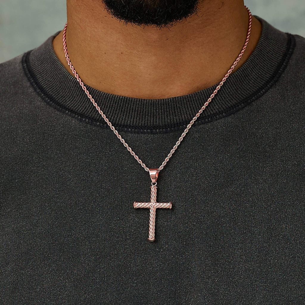 Twisted Rope Cross Pendant + 2MM Rope Chain Bundle in Rose Gold