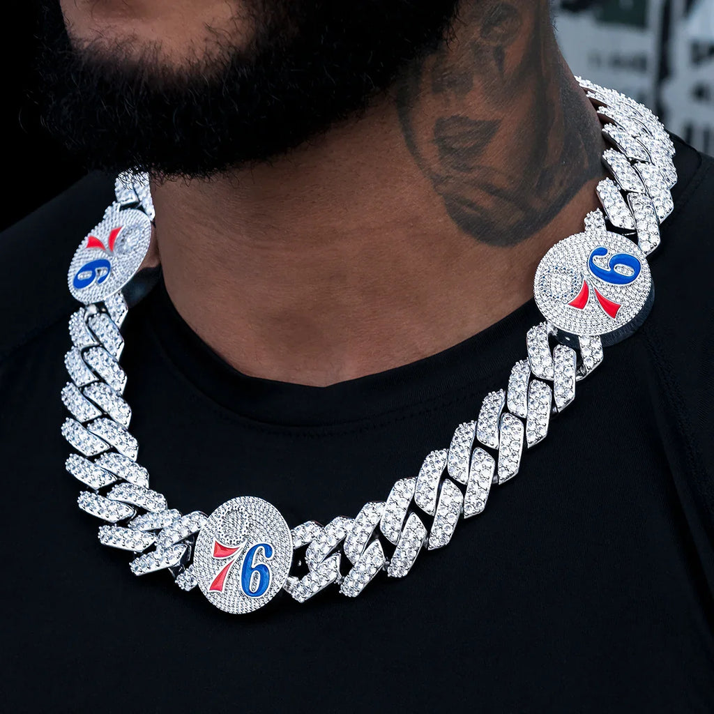 Philadelphia 76ers Official NBA Diamond Prong Cuban Chain in White Gold- 25mm