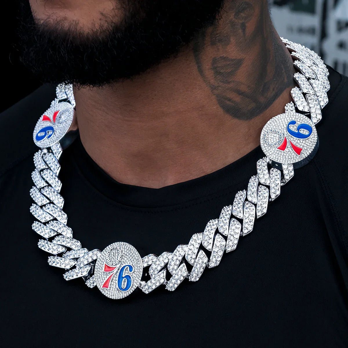 Philadelphia 76ers Official NBA Diamond Prong Cuban Chain in White Gold- 25mm