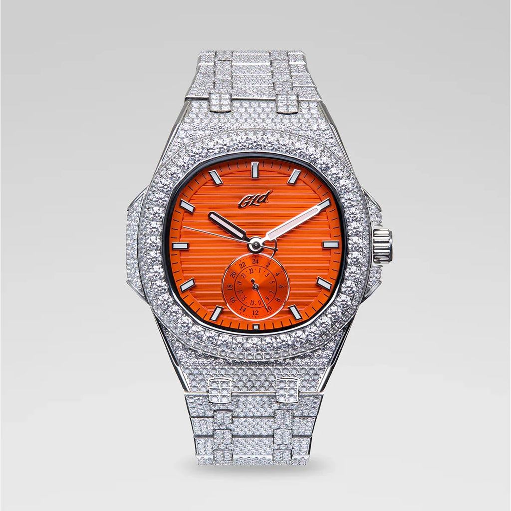 39MM Visionary Fully Iced Case & Orange Dial Watch - White Gold