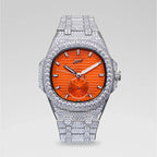 39MM Visionary Fully Iced Case & Orange Dial Watch - White Gold