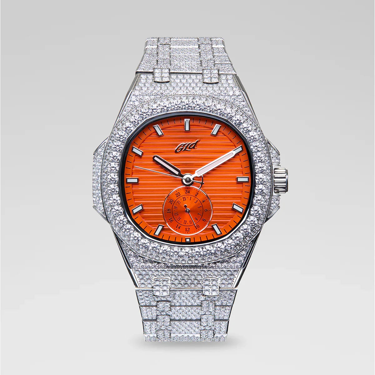 39MM Visionary Fully Iced Case & Orange Dial Watch - White Gold