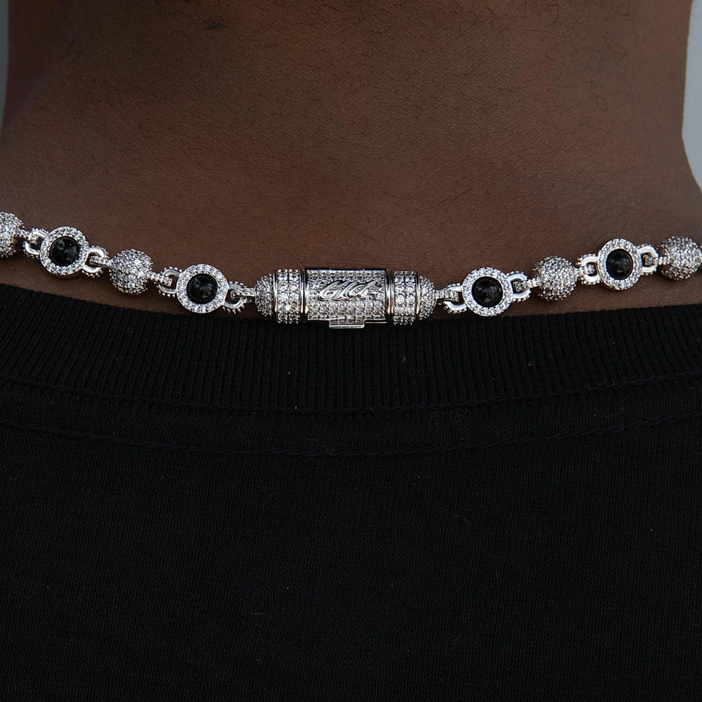 Iced Black Pearl Ball Chain Necklace in White Gold