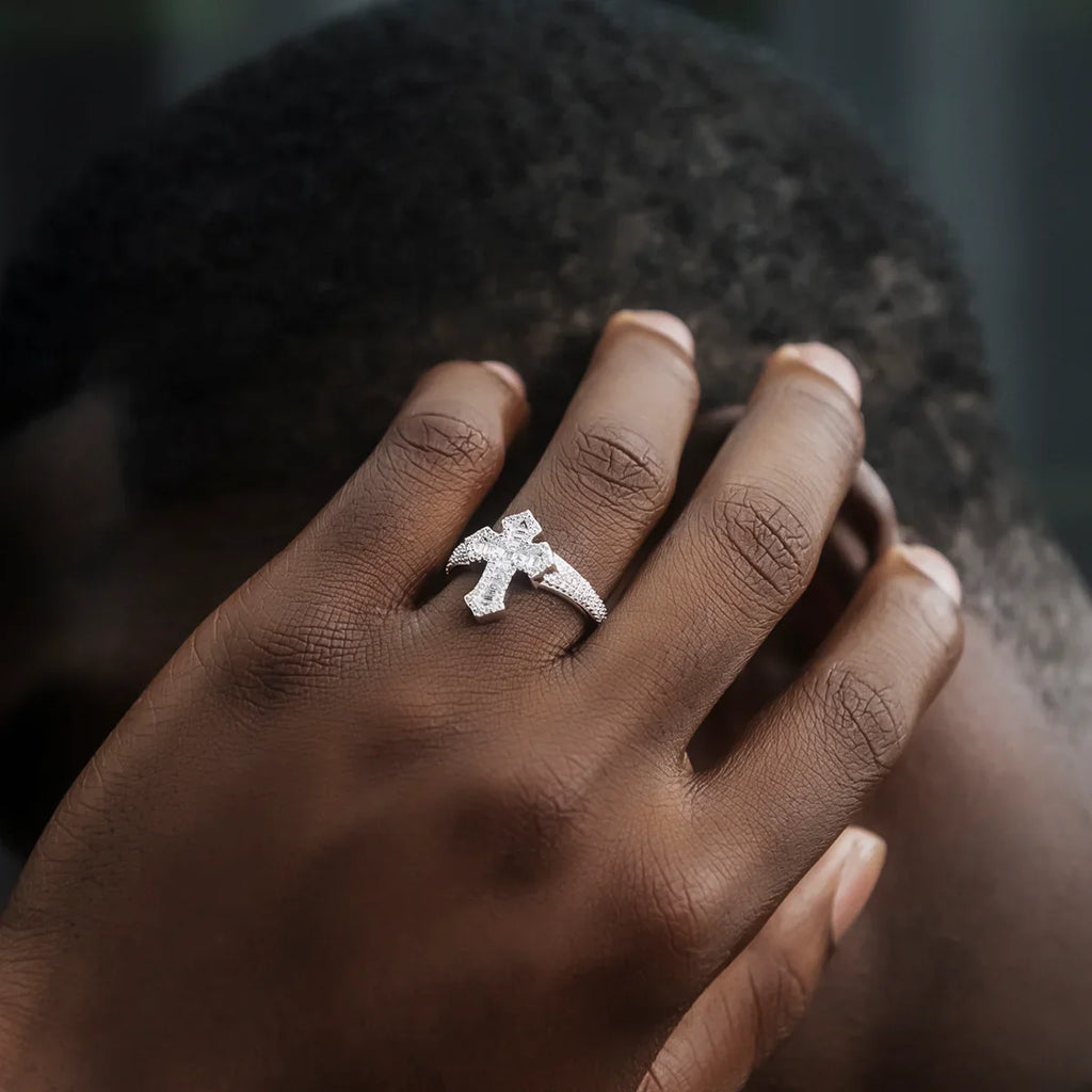 Diamond Baguette Gothic Cross Ring in White Gold Vermeil