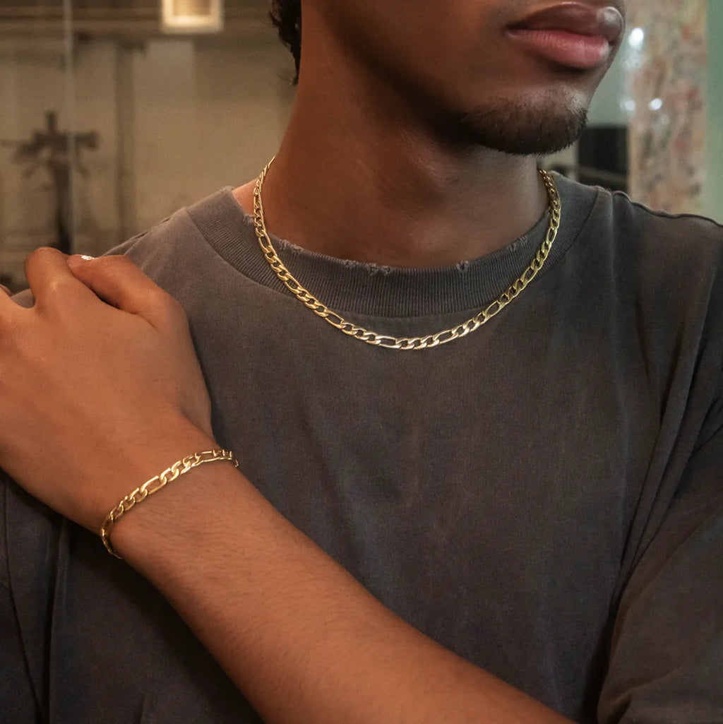 Figaro Chain + Bracelet Bundle in Yellow Gold- 6mm
