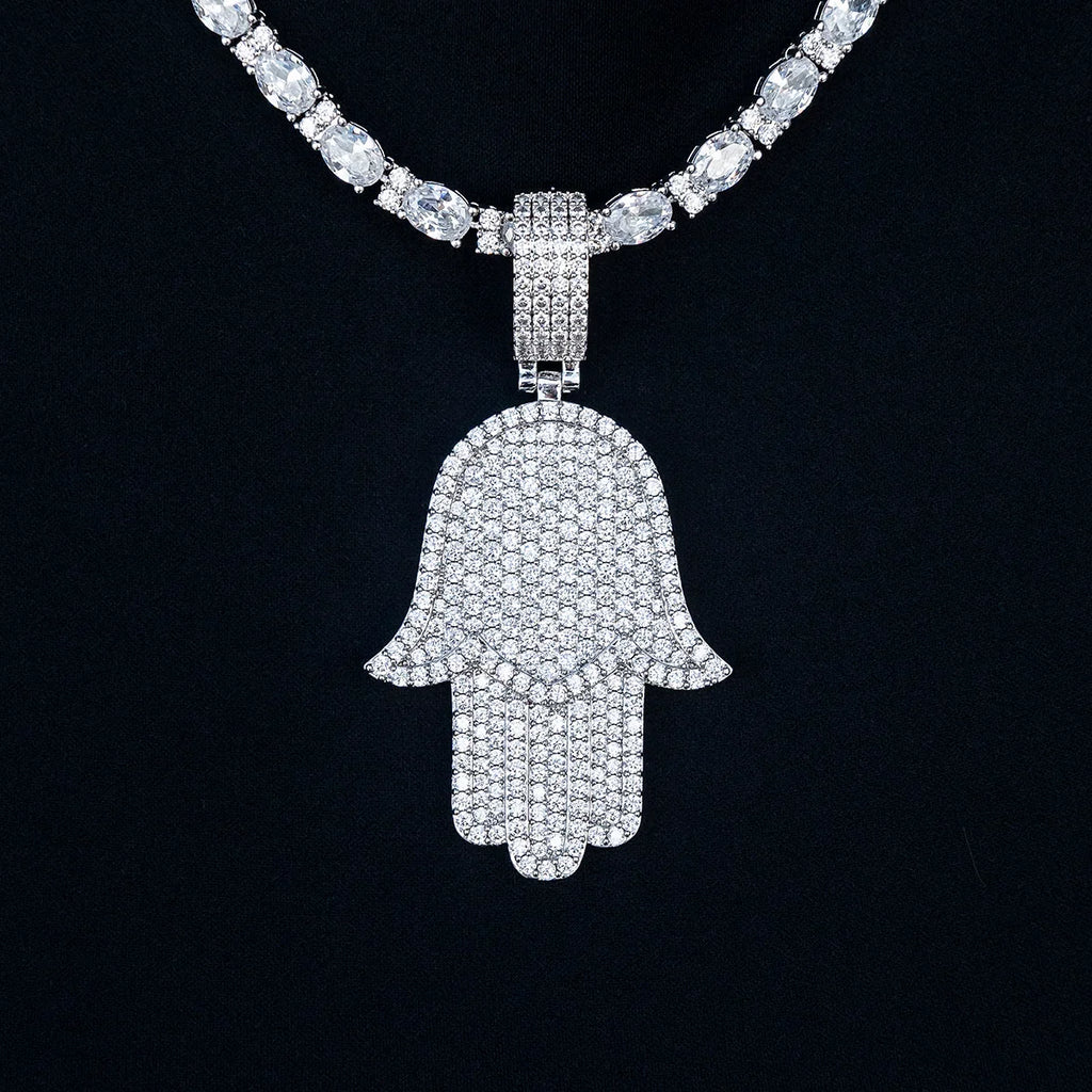 Large Iced Baguette Hamsa Pendant in White Gold